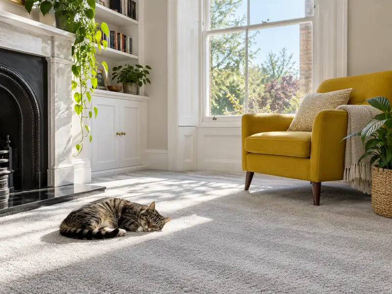 A sunny living room in a London Victorian terrace with a freshly cleaned pale grey carpet
