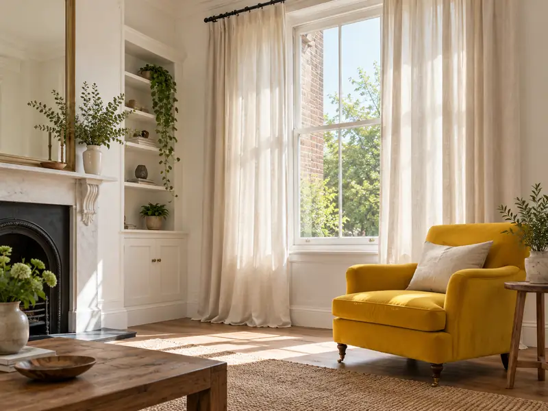 Long pale linen curtains hanging on a black rail at a tall sash window in a high-ceilinged London room