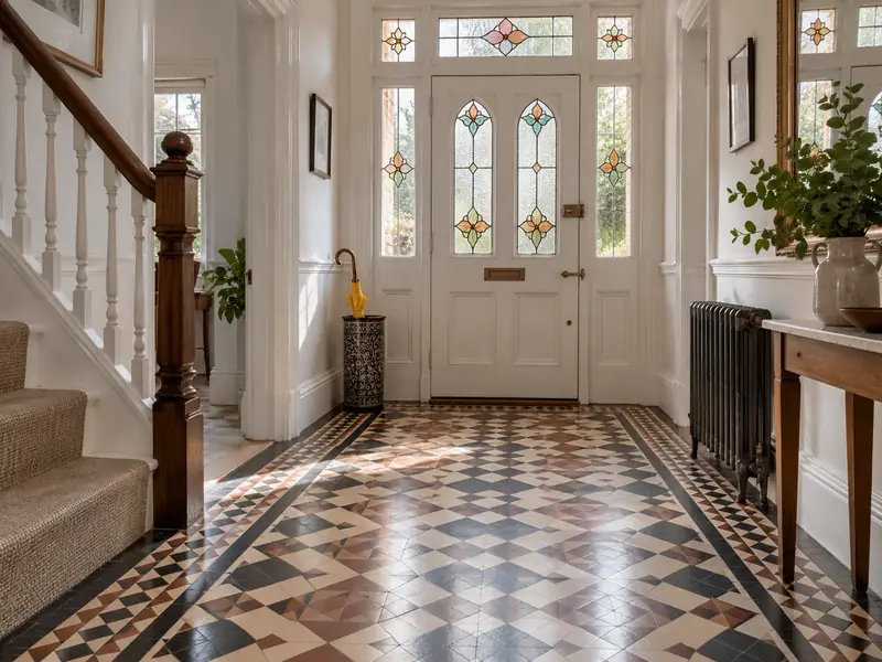 A Victorian London hallway with clean encaustic floor tiles in black