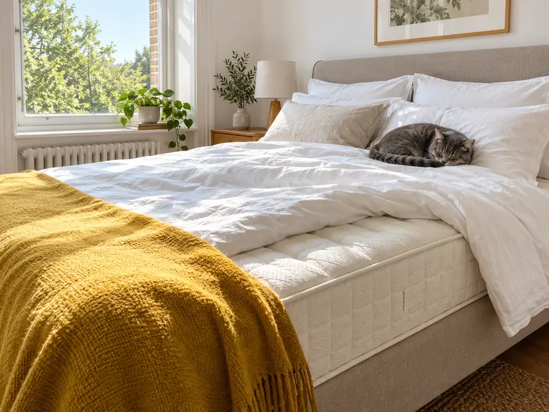 A bright bedroom with a bed made in crisp white linen folded back to show a clean pale mattress