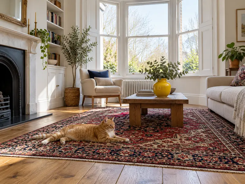 A large patterned wool rug in deep reds