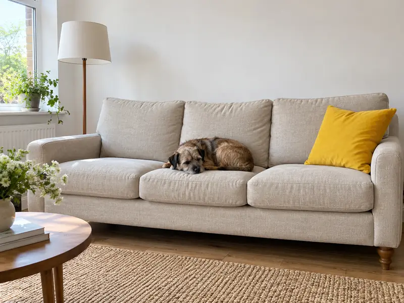 A light oatmeal linen three-seat sofa in a calm London flat